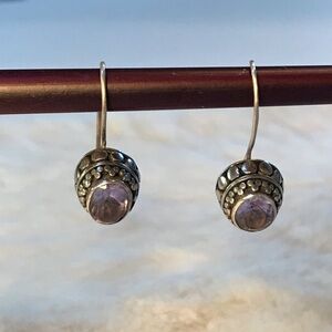 Vintage Faceted Amethyst Crystal Drop Earrings Cabochon in 925 Sterling Silver